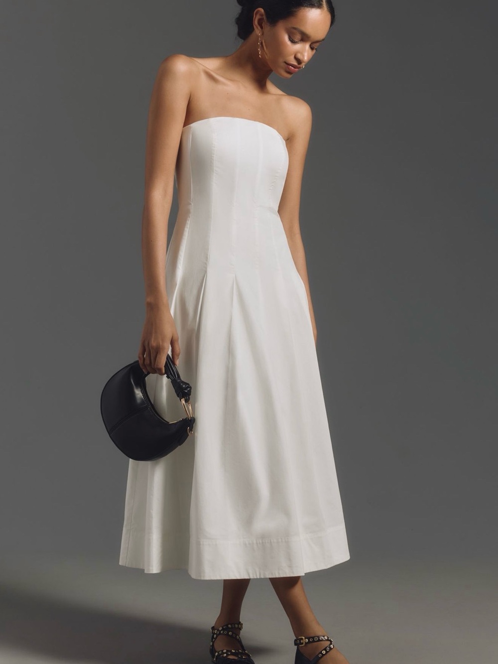 Strapless White Midi Dress with Structured Bodice from Anthropologie last season